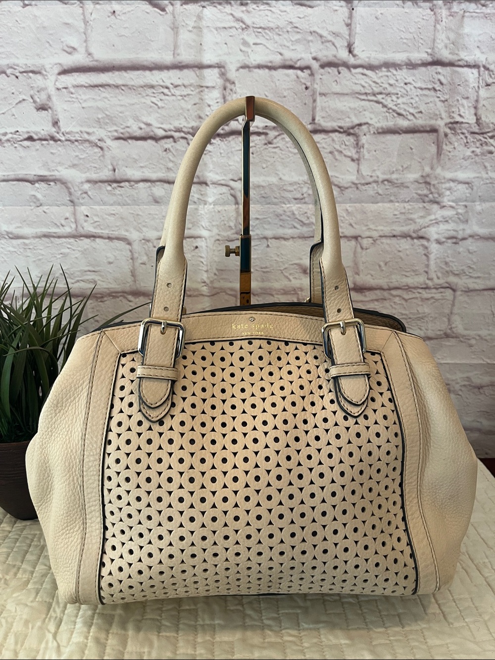 kate spade Cream Pebbled Tote with Gold Polka-Dot Lining